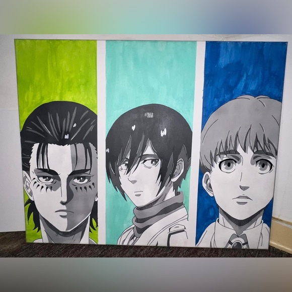 painted and hand drawn painting of Attack on Titan manga style size 24x30